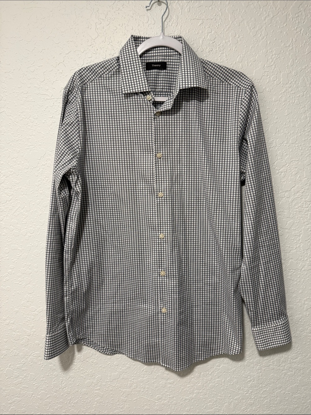 THEORY Men’s Black & White Check Button-Up Dress Shirt